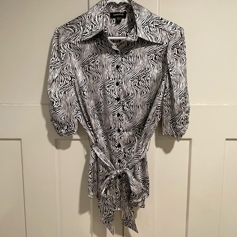 Bebe Stretch Silk Satin Black and White Zebra Print Blouse